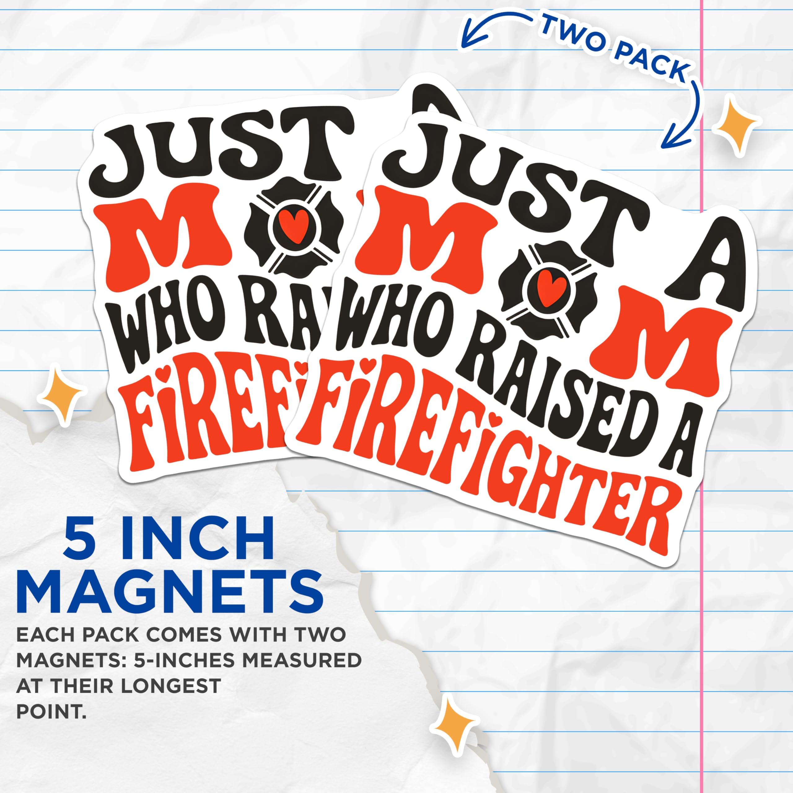 (2 Pack) Firefighter Mom Magnets - Proud Firefighter Mother - Fire Rescue Mom Decals - 5" On Longest Side - Premium Magnet - for Cars, Refrigerators, Toolboxes, Lockers - Made in USA - MAG17724