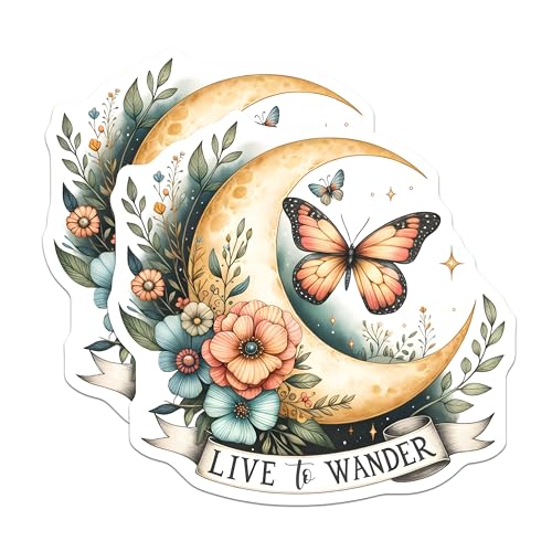 (2 Pack) Live to Wander Butterfly Stickers - Moon and Flowers Art - Wanderlust Vibes - 5" On Longest Side - Sticks to Smooth Flat Surfaces - Made in USA - BMCS9728