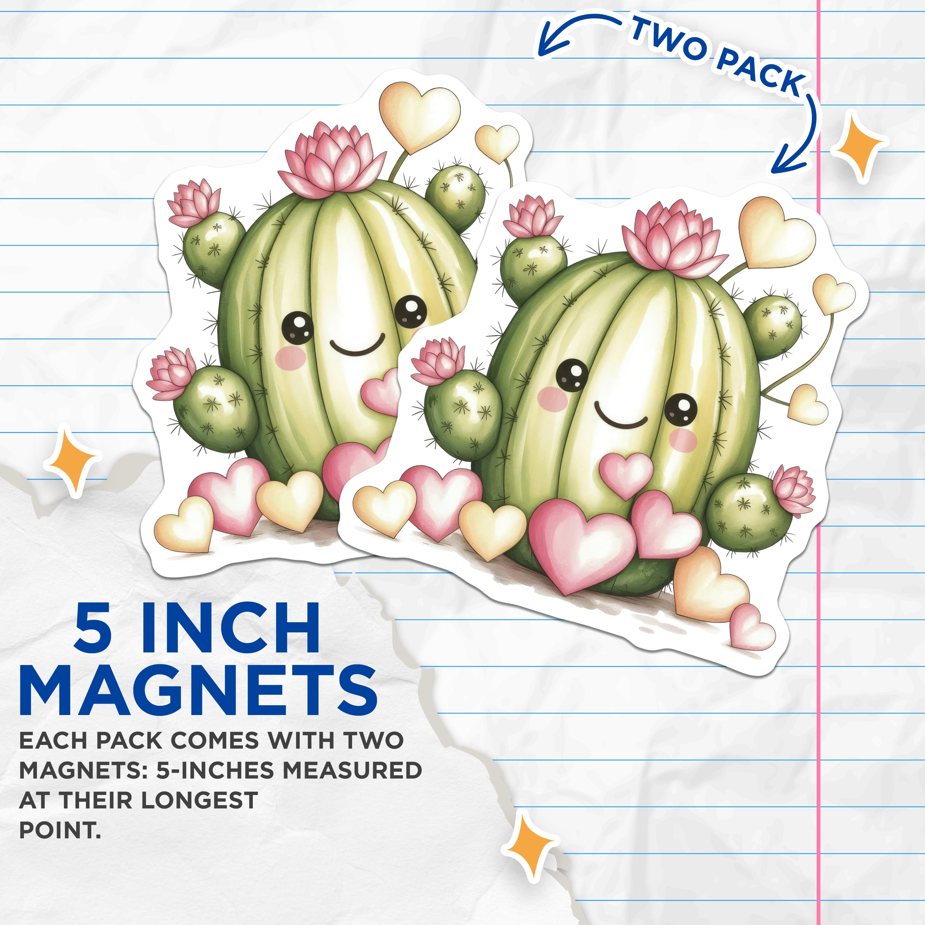 (2 Pack) Cute Cactus Magnets - Kawaii Succulent Decor - Happy Plant Lover Refrigerator Locker Magnet - Aesthetic Kitchen Office Organizer - 5" - Durable Magnet - Made in USA - MAG37337