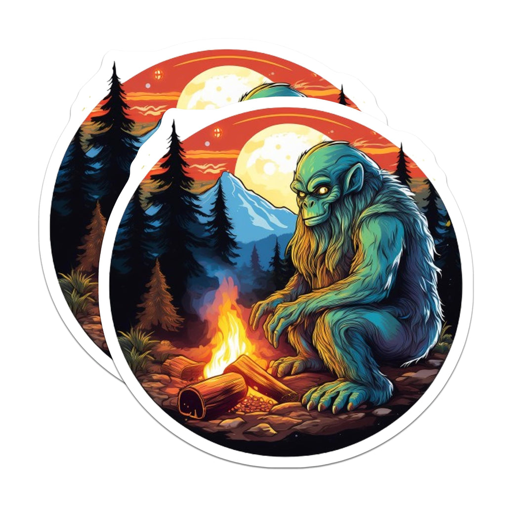 (2 Pack) Bigfoot Magnets - Sasquatch Campfire Scene - Forest Wilderness Decor - Cryptid Folklore Art - Mysterious Creature - 5 Inches On Longest Side - Thick Durable Magnet - Made in USA - MAG20712