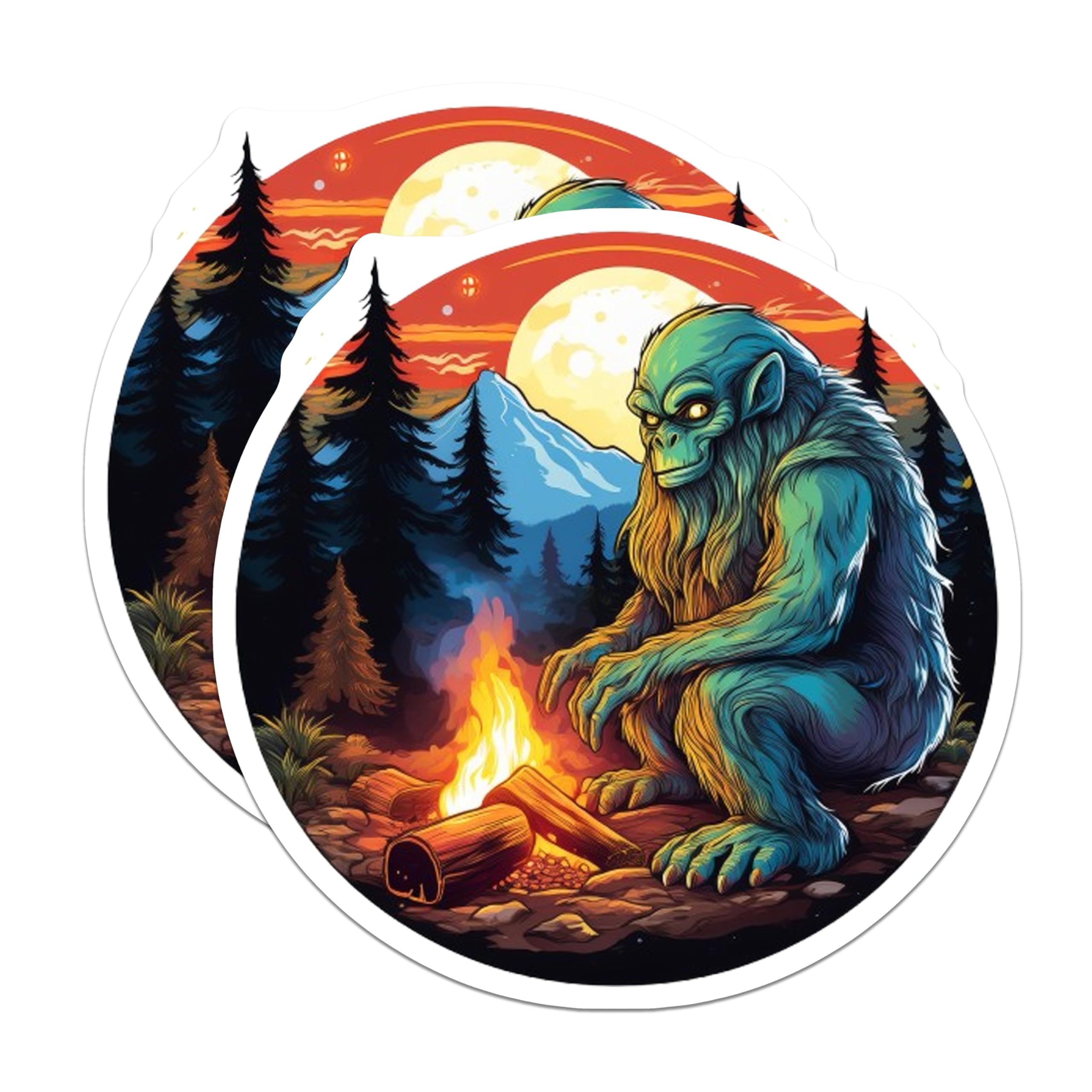 (2 Pack) Bigfoot Magnets - Sasquatch Campfire Scene - Forest Wilderness Decor - Cryptid Folklore Art - Mysterious Creature - 5 Inches On Longest Side - Thick Durable Magnet - Made in USA - MAG20712