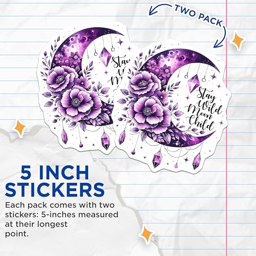 (2 Pack) Stay Wild Moon Child Stickers - Purple Flower - Crescent Moon - Boho Aesthetic - 5" On Longest Side - Sticks to Smooth Flat Surfaces - Made in USA - BMCS8068