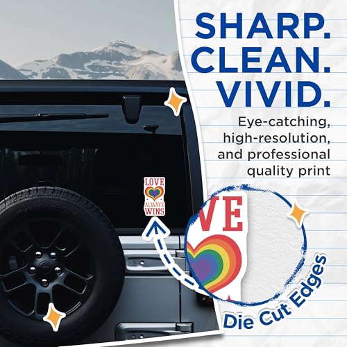 (2 Pack) Love Always Wins Stickers - Rainbow Heart Stickers - Pride Inspirational Stickers - 5" On Longest Side - Sticks to Smooth Flat Surfaces - Made in USA - BMCS4130