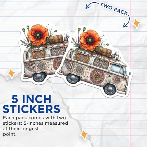(2 Pack) Hippie Van Stickers - Retro Floral Van - Bohemian Van Life Decals - 5" On Longest Side - Sticks to Smooth Flat Surfaces - Made in USA - BMCS8869