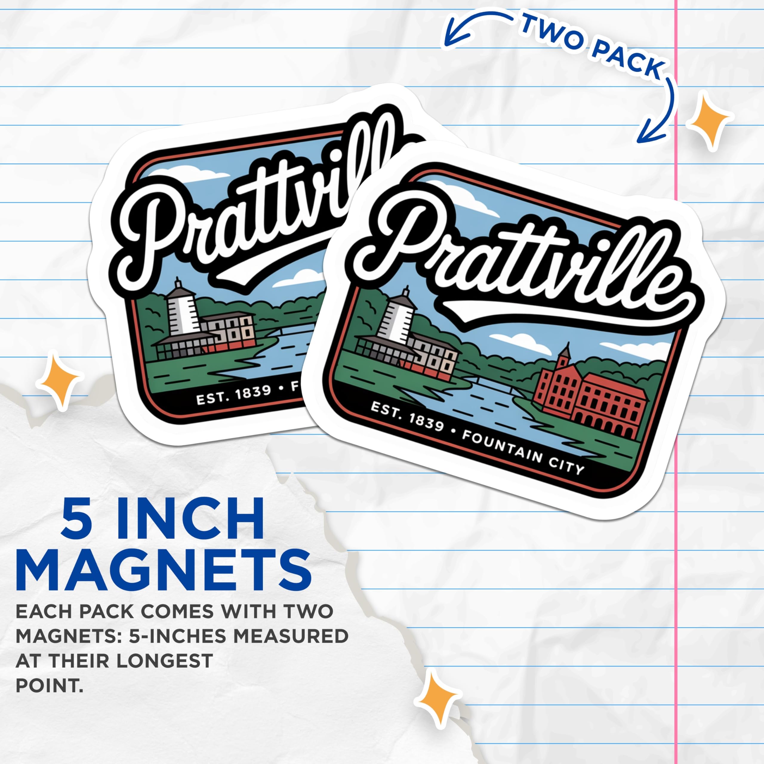 (2 Pack) Prattville Alabama Magnets - Fountain City Landmark - Riverfront Scenic View - Historic Est 1839 Souvenir Decor - 5 Inches On Longest Side - Thick Durable Magnet - Made in USA - MAG19282