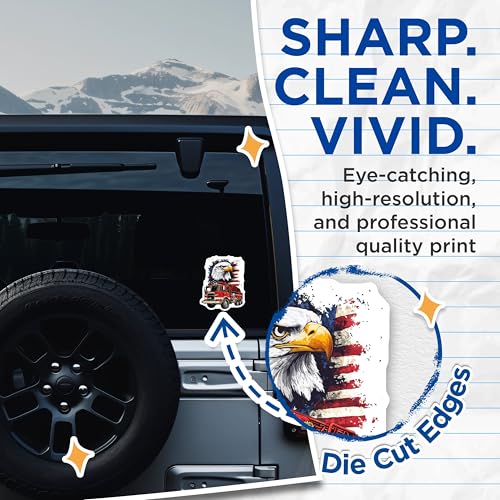 (2 Pack) Fire Truck and Eagle Stickers - Patriotic Stickers - American Flag Stickers - 5" On Longest Side - Sticks to Smooth Flat Surfaces - Made in USA - BMCS9967