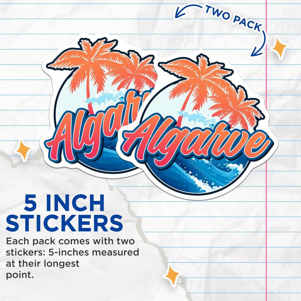 (2 Pack) Algarve Portugal Stickers - Travel Destination Decals - European Vacation Souvenir - 5" On Longest Side - Sticks to Smooth Flat Surfaces - Made in USA - BMCS18077