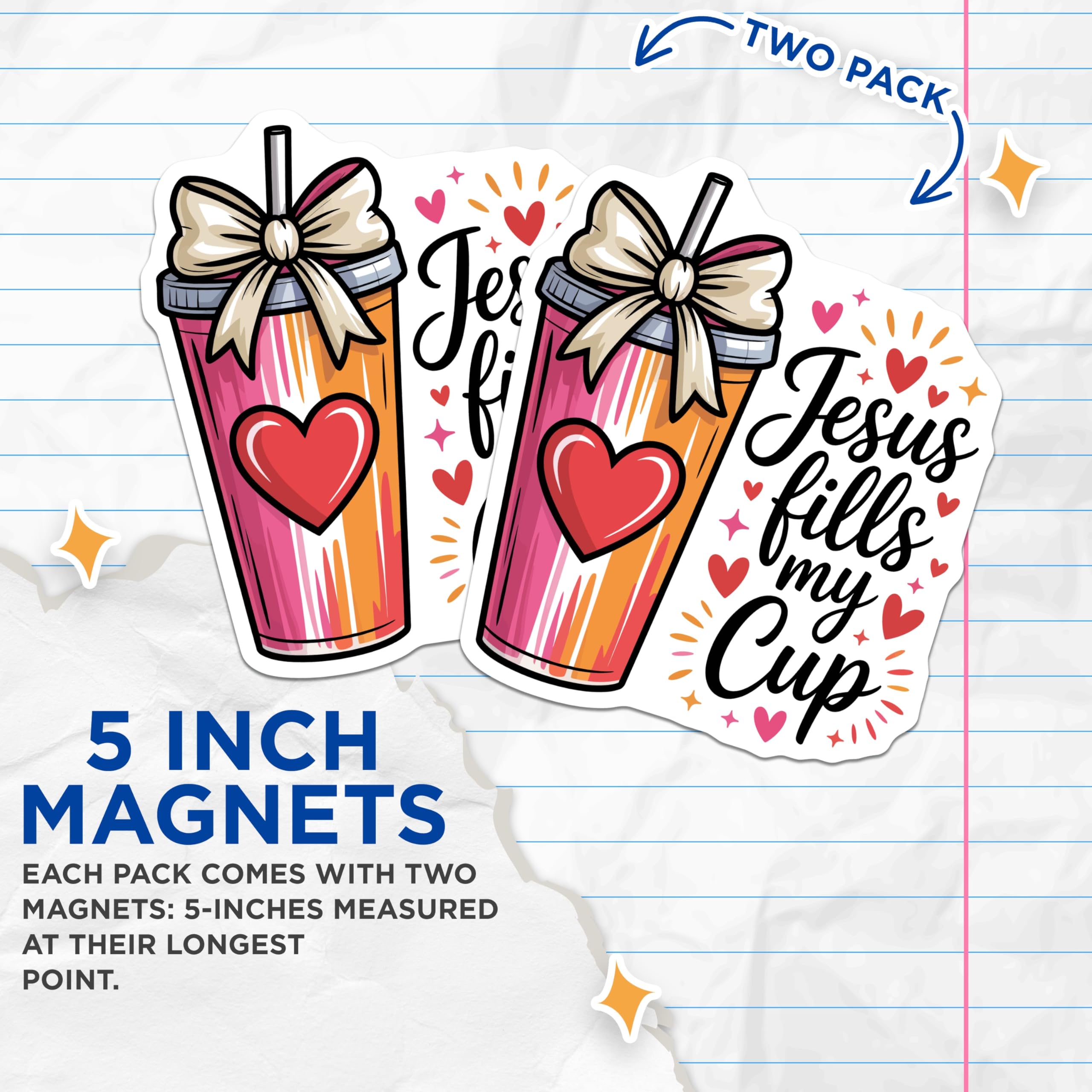 (2 Pack) Jesus Fills My Cup Magnets - Christian Faith Decor - Inspirational Hydration Reminder - 5 Inches On Longest Side - Thick Durable Magnet - Made in USA - MAG22369