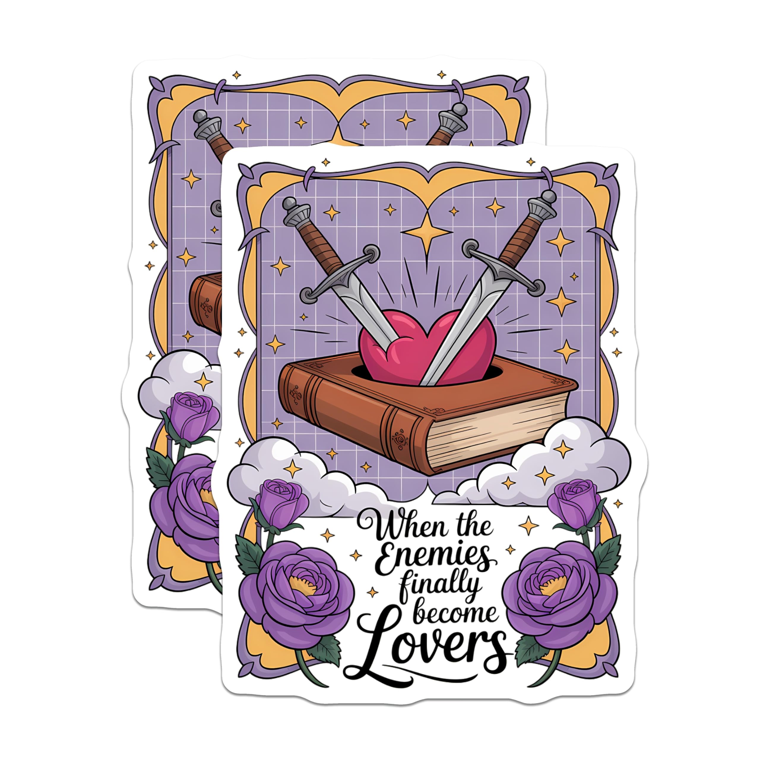 (2 Pack) Enemies to Lovers Magnets - Bookish Fantasy Romance Decor - Literary Art Fridge Magnet - Sword Heart Love Story - 5 Inches On Longest Side - Thick Durable Magnet - Made in USA - MAG21244