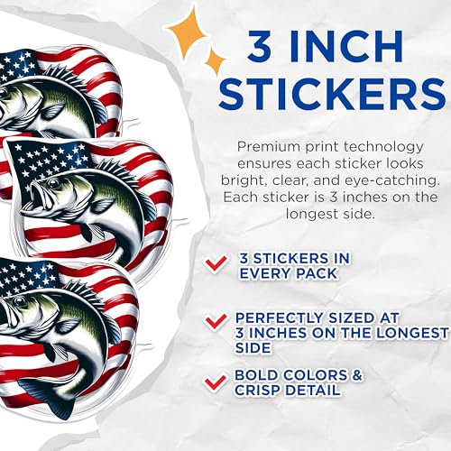 (3 Pack) Bass Fishing Decals - American Flag - Patriotic Angler - Fishing Decals - 3 Inches On Longest Side - Easy Peel & Apply - Made in USA - 3MCS1083