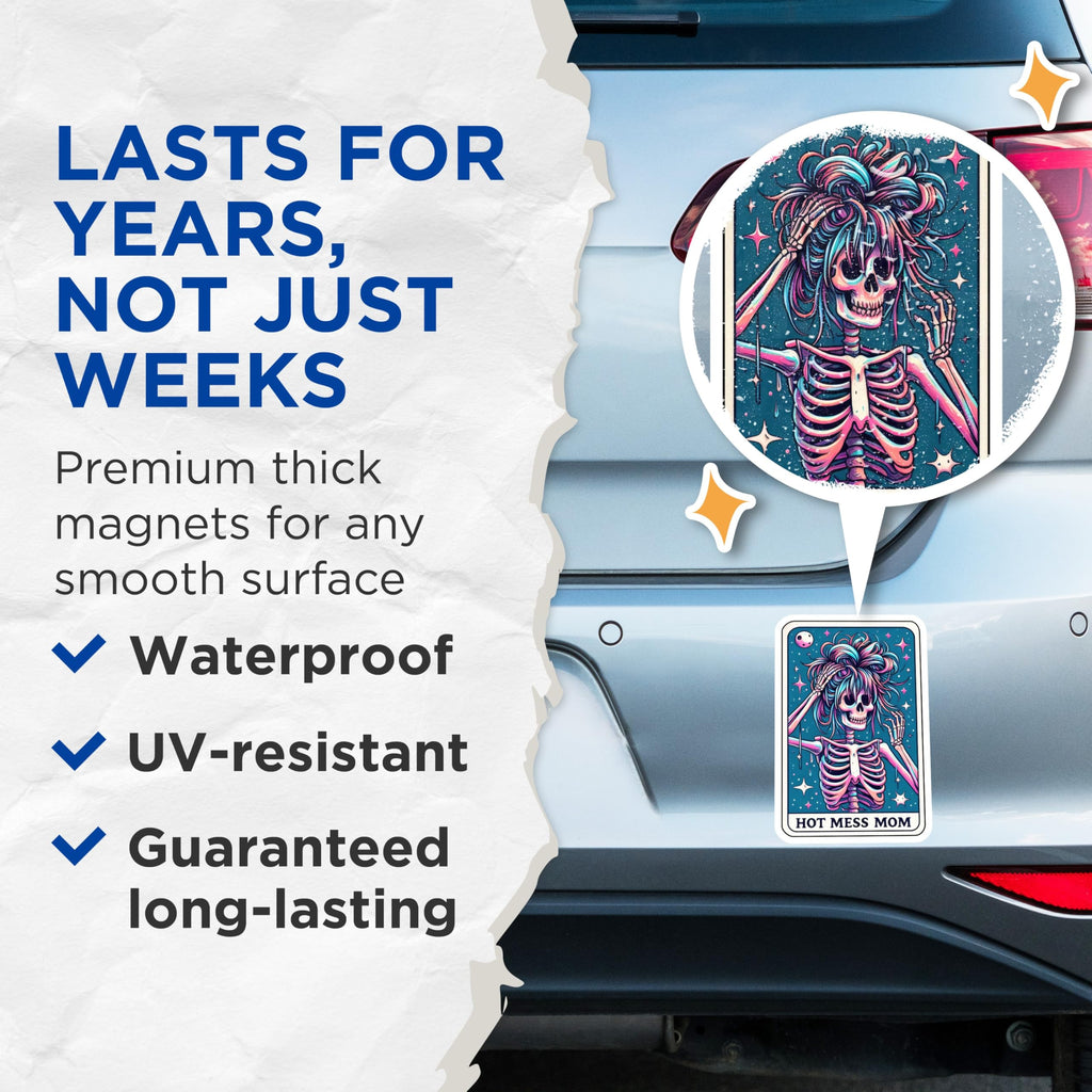 (2 Pack) Hot Mess Mom Life Skeleton Magnets - Vibrant Messy Hair - Humorous Refrigerator Decor for Her - 5 Inches On Longest Side - Thick Durable Magnet - Made in USA - MAG22804