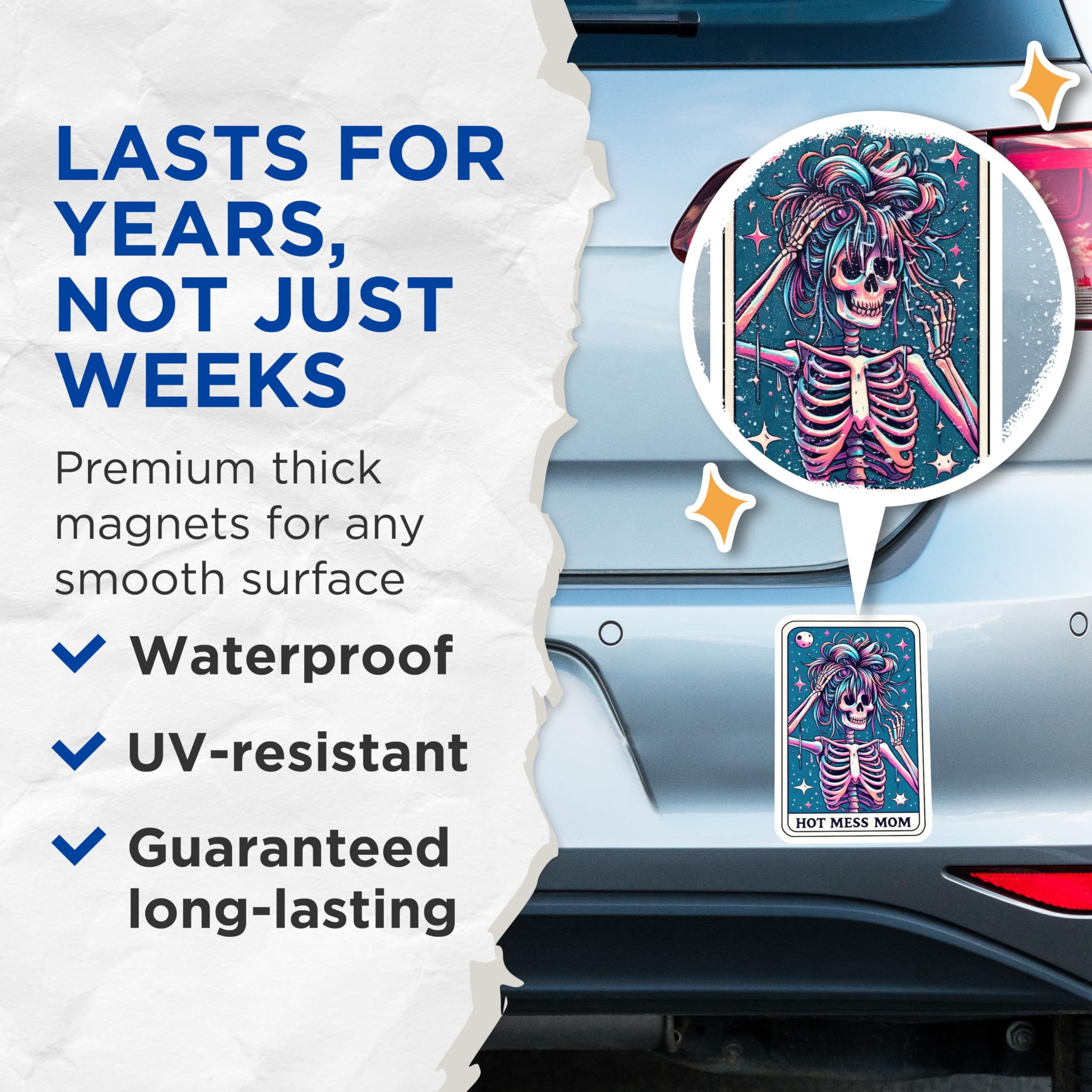 (2 Pack) Hot Mess Mom Life Skeleton Magnets - Vibrant Messy Hair - Humorous Refrigerator Decor for Her - 5 Inches On Longest Side - Thick Durable Magnet - Made in USA - MAG22804