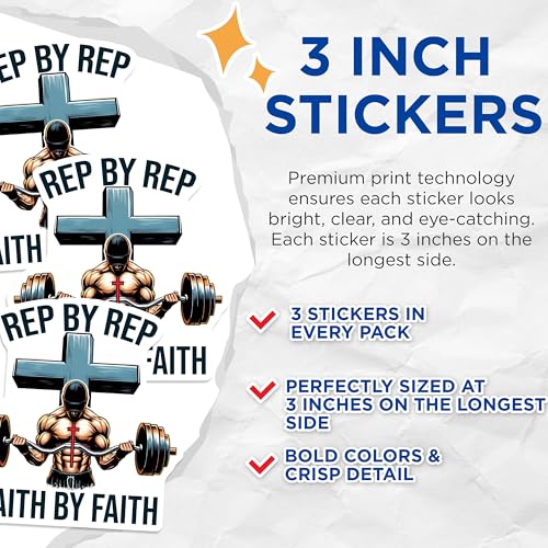 (3 Pack) Christian Gym Decals - Fitness Cross Stickers - Rep by Rep Decals - 3 Inches On Longest Side - Easy Peel & Apply - Made in USA - 3MCS8406