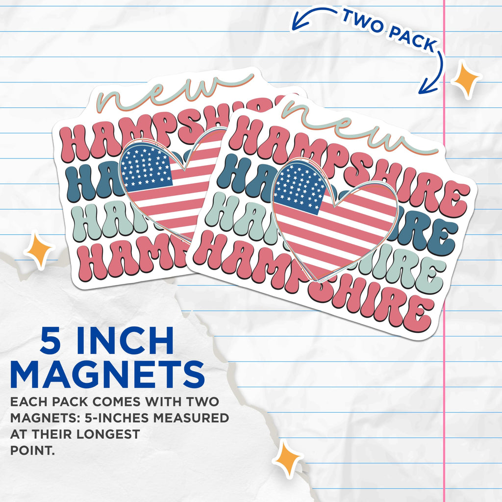 (2 Pack) New Hampshire Magnets - American Flag Heart Souvenir - Retro Groovy State Pride Decor - NH Travel Keepsake - 5 Inches On Longest Side - Thick Durable Magnet - Made in USA - MAG22526