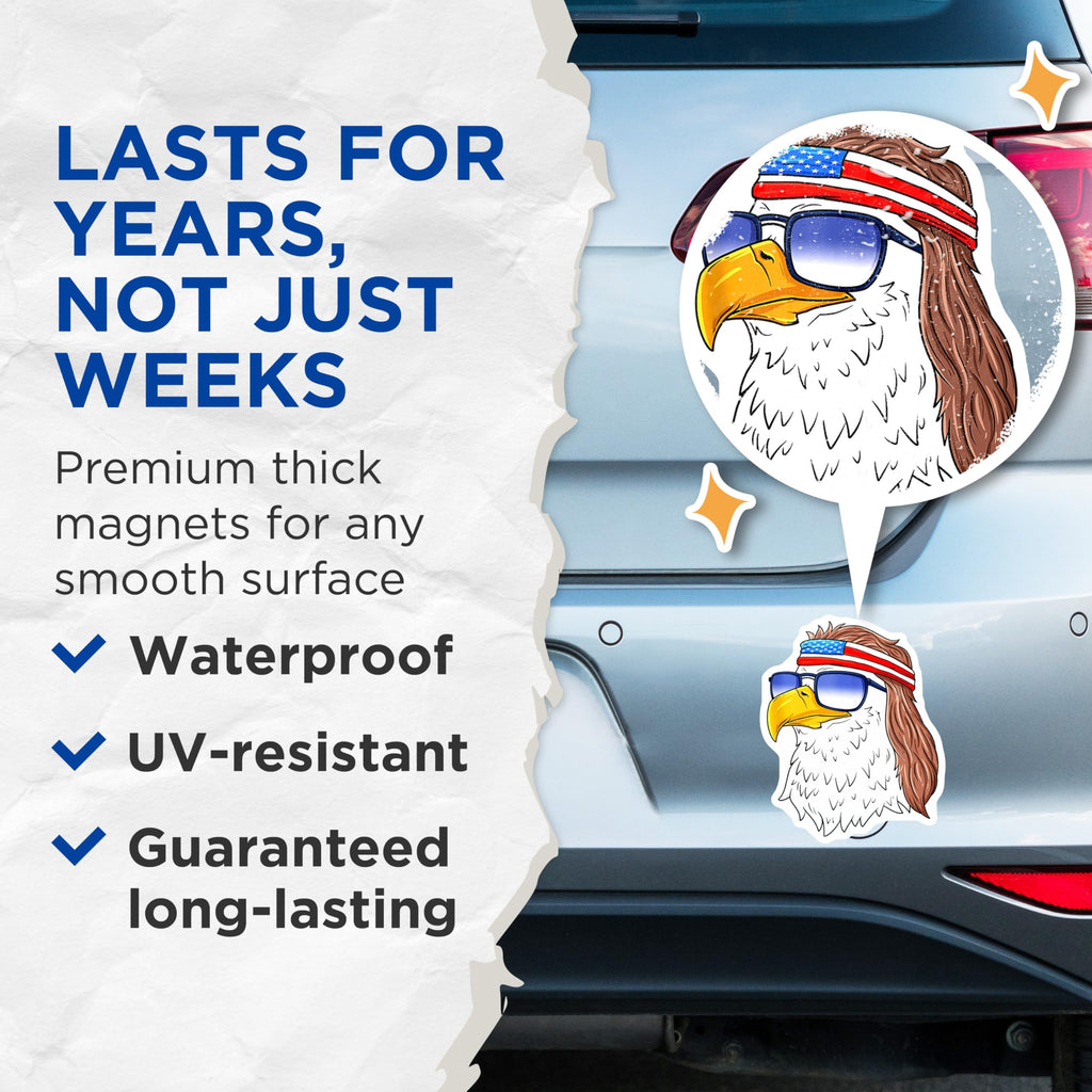 (2 Pack) American Bald Eagle Magnets - USA Flag Headband Sunglasses - Patriotic Mullet Fridge Locker Decoration - 5 Inches On Longest Side - Thick Durable Magnet - Made in USA - MAG24259