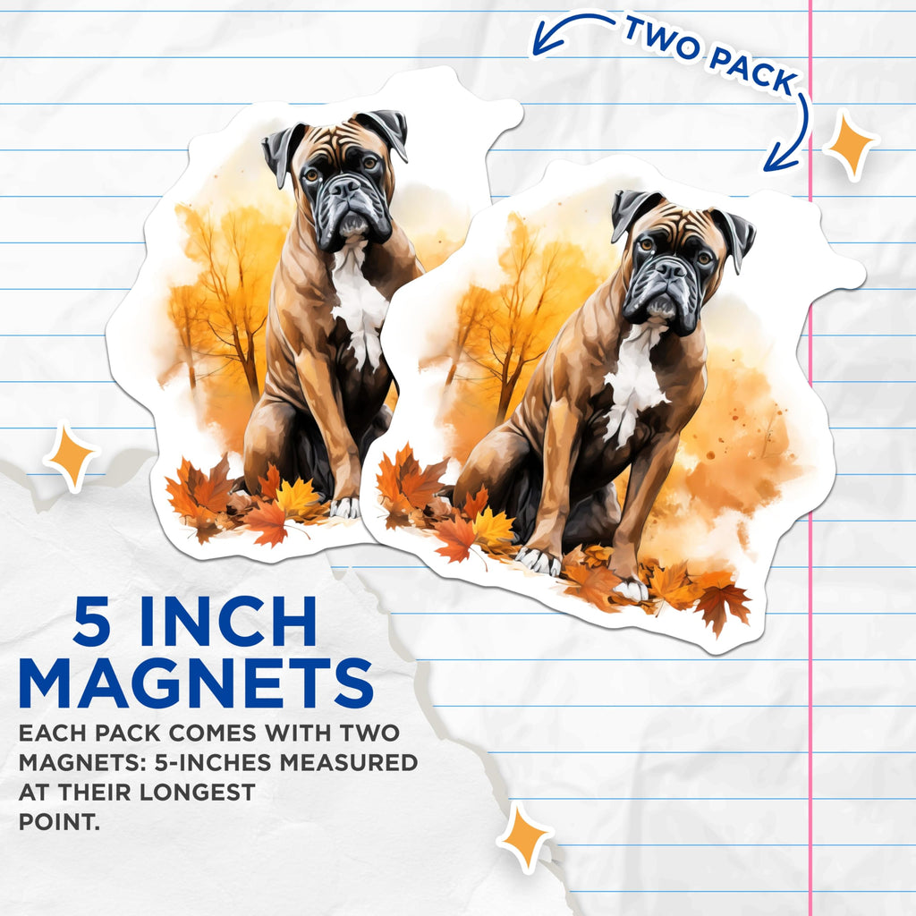 (2 Pack) Boxer Magnets - Autumn Pet Art for Refrigerator - Fall Leaves Animal Decor - Seasonal Dog Lover Display - 5 Inches On Longest Side - Thick Durable Magnet - Made in USA - MAG24475