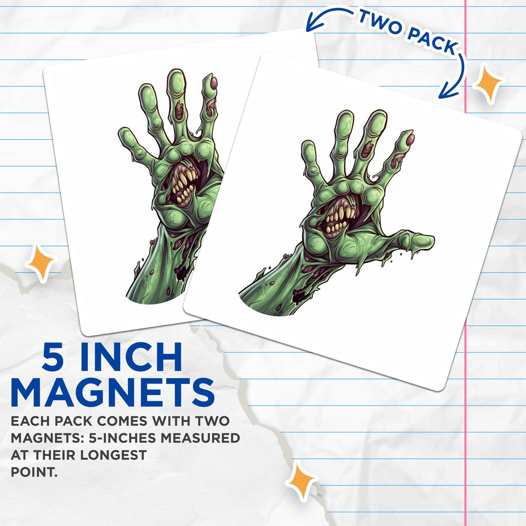 (2 Pack) Creepy Zombie Hand Magnets - Spooky Halloween Decor - Macabre Undead Monster Art for Refrigerator - 5 Inches On Longest Side - Thick Durable Magnet - Made in USA - MAG36433