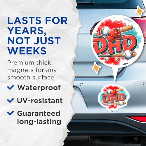 (2 Pack) Dad Baseball Magnets - Baseball Lover Decor - Dad Baseball Hat - 5" On Longest Side - for Cars, Fridges, Toolboxes - Made in USA - MAG748