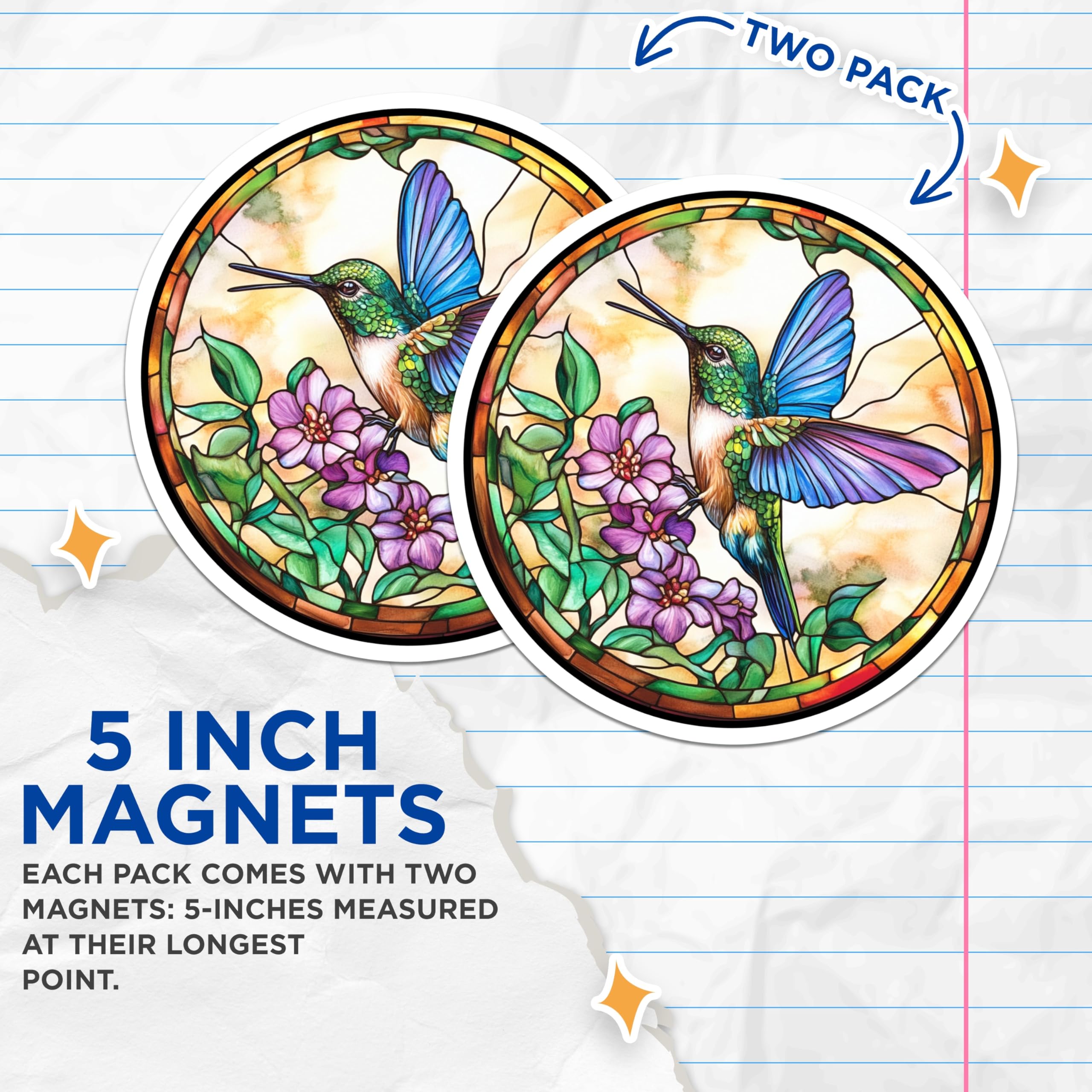 (2 Pack) Hummingbird Magnets - Faux Stained Glass Art - Nature Lover Decor - Vibrant Bird Fridge Accents - 5 Inches On Longest Side - Thick Durable Magnet - Made in USA - MAG26507