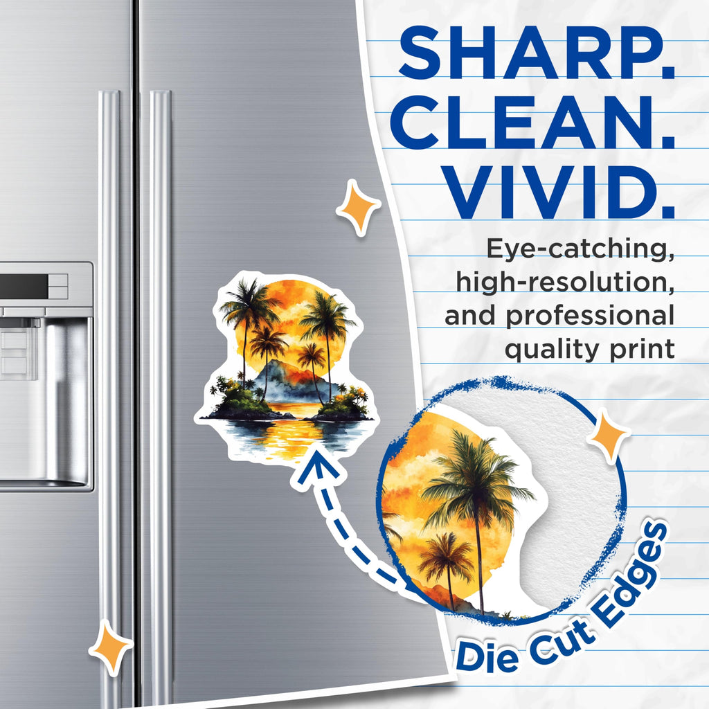 (2 Pack) Tropical Sunset Palm Tree Magnets - Island Beach Art - Watercolor Ocean Scene - Vacation Decor - 5 Inches On Longest Side - Thick Durable Magnet - Made in USA - MAG28476