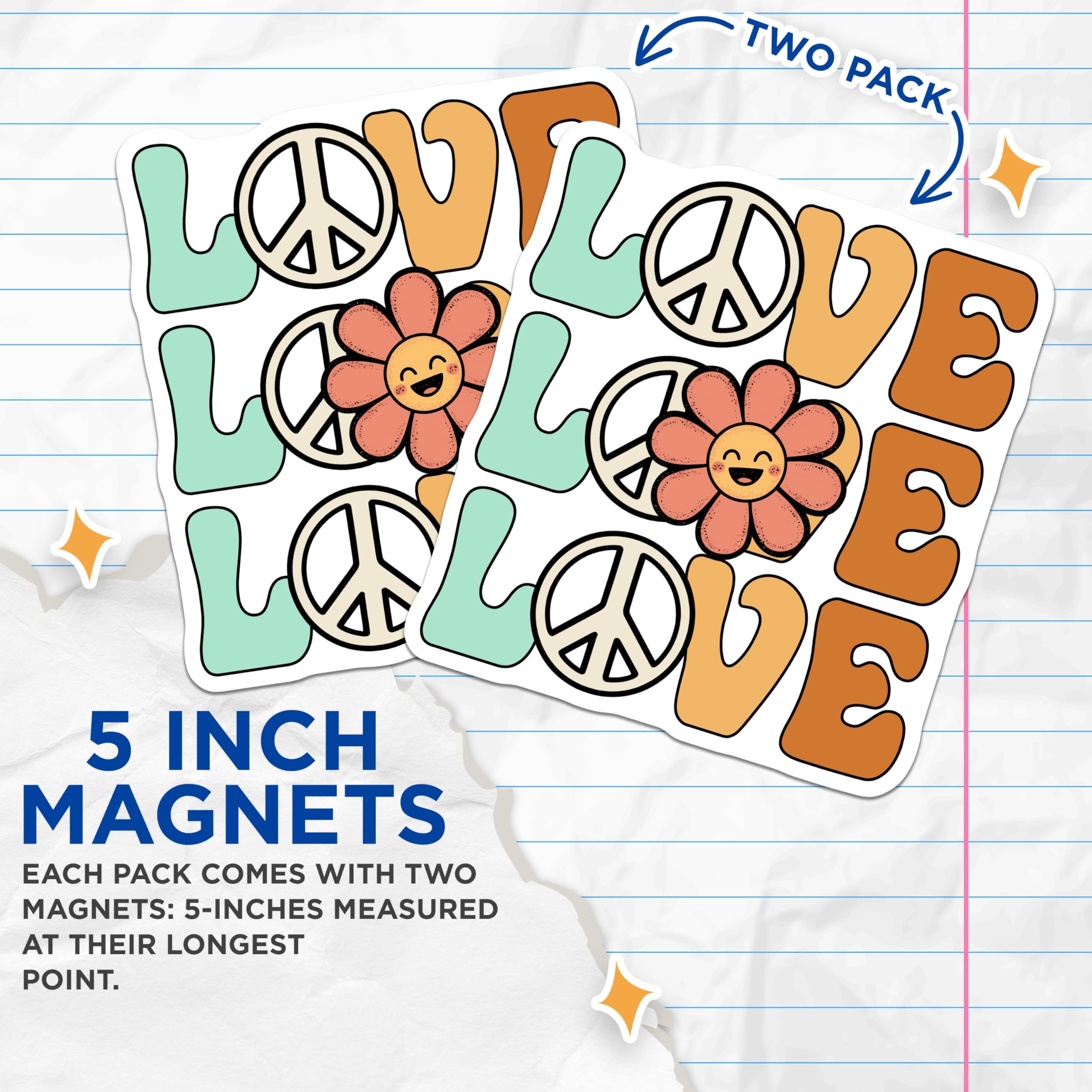 (2 Pack) Love Peace Sign Magnets - Groovy Flower Magnets - Retro Hippie Style Magnets - 5" On Longest Side - Premium Magnet - for Cars, Refrigerators, Toolboxes, Lockers - Made in USA - MAG14941