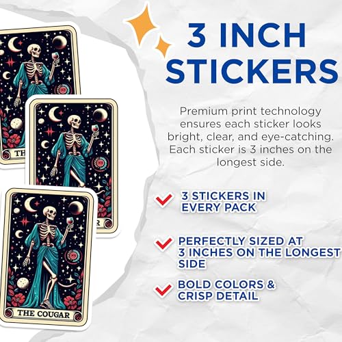 (3 Pack) Tarot Card Decals - Skeleton Tarot - The Cougar Card - 3 Inches On Longest Side - Easy Peel & Apply - Made in USA - 3MCS4139