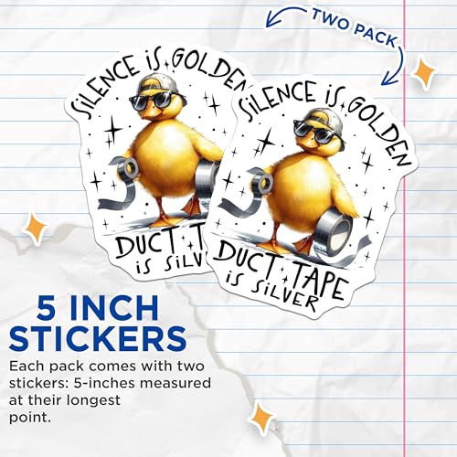 (2 Pack) Silence is Golden Stickers - Duct Tape is Silver Duck Stickers - Funny Duck Meme Stickers - 5" On Longest Side - Sticks to Smooth Flat Surfaces - Made in USA - BMCS5310
