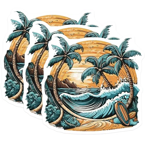 (3 Pack) Tropical Beach Decals - Palm Tree Stickers - Surfboard Ocean Scene - 3 Inches On Longest Side - Easy Peel & Apply - Made in USA - 3MCS8024