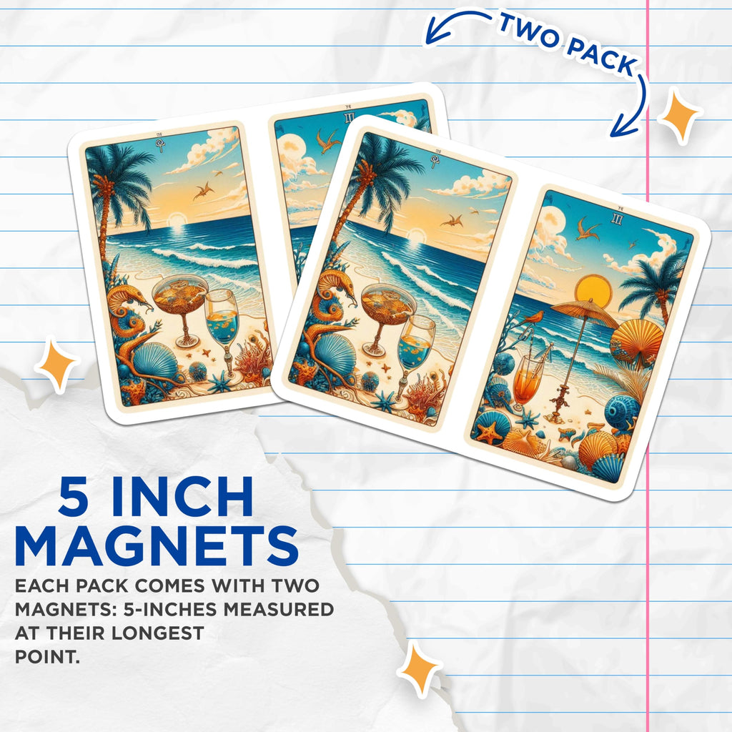 (2 Pack) Beach Tarot Card Magnets - Tropical Seaside Art - Summer Vibes Fridge Decor - 5" On Longest Side - Premium Magnet - for Cars, Refrigerators, Toolboxes, Lockers - Made in USA - MAG14486