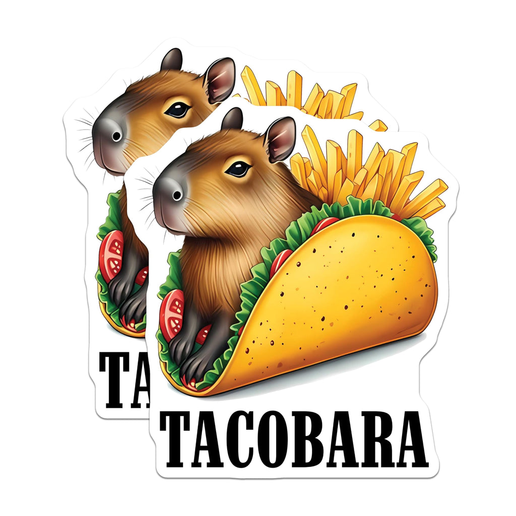 (2 Pack) Tacobara Stickers - Funny Animal Taco Stickers - Cute Capybara Stickers for Laptop - 5" On Longest Side - Sticks to Smooth Flat Surfaces - Made in USA - BMCS3748