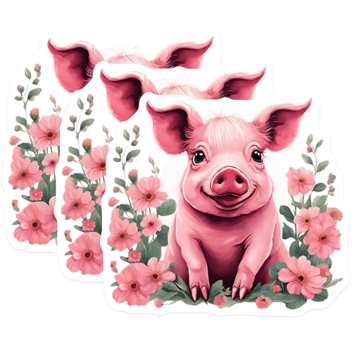 (3 Pack) Pink Pig Decals - Floral Piglet Stickers - Cute Animal Art - 3 Inches On Longest Side - Easy Peel & Apply - Made in USA - 3MCS2190