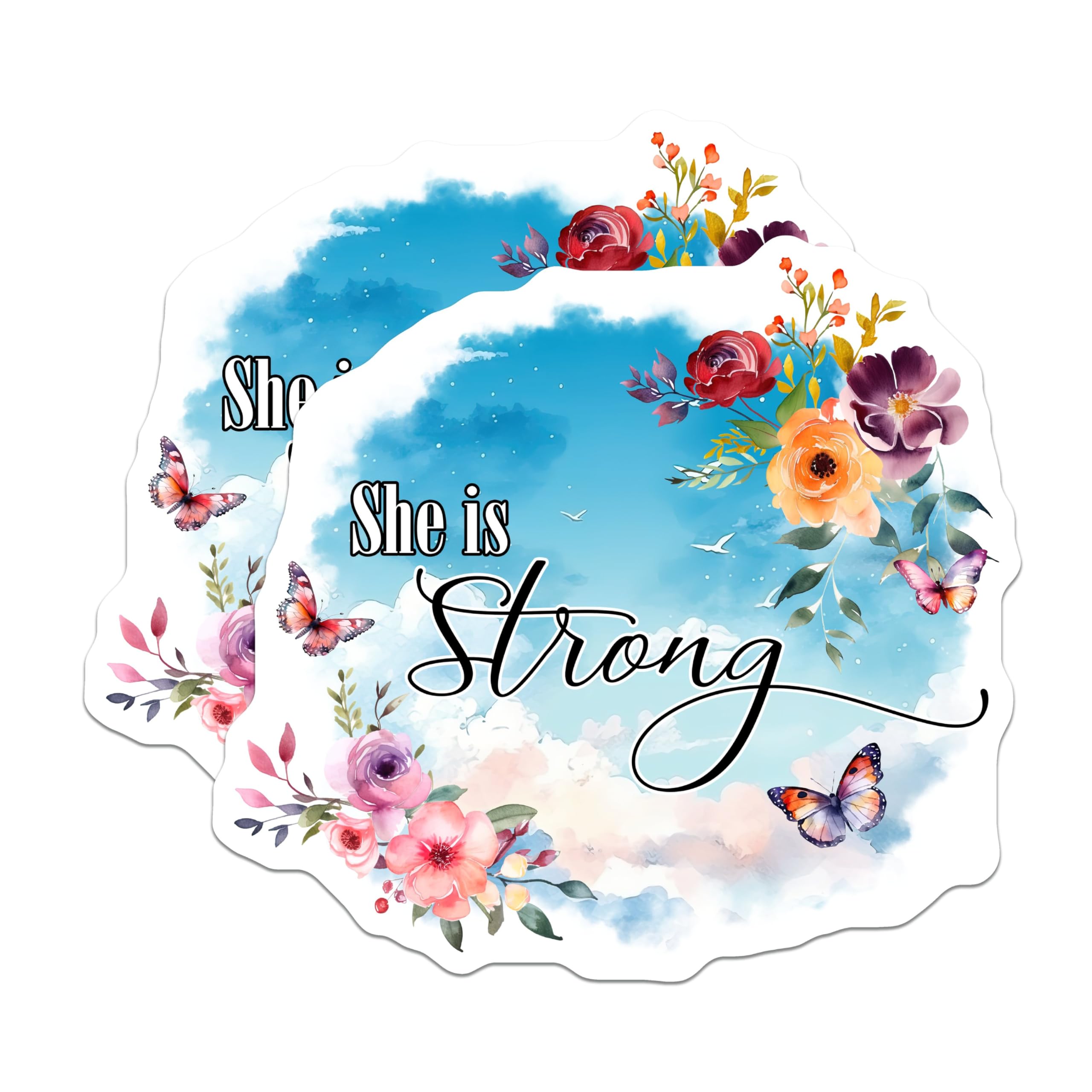 (2 Pack) She is Strong Stickers - Motivational Quote - Floral Design - 5" On Longest Side - Sticks to Smooth Flat Surfaces - Made in USA - BMCS8584