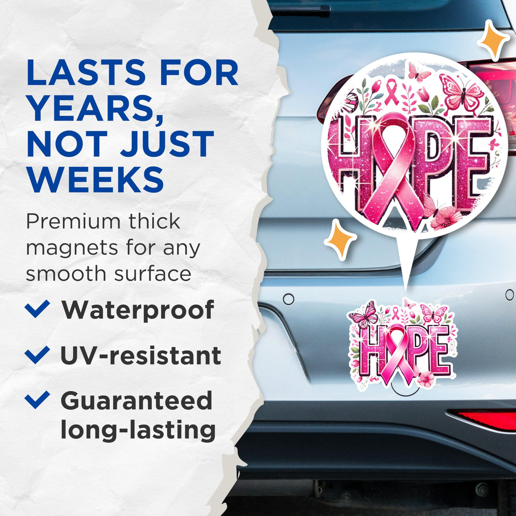(2 Pack) Hope Breast Cancer Awareness Magnets - Pink Ribbon Butterfly Magnets - Inspirational Pink Flowers Magnets- 5" On Longest Side - for Fridges, Toolboxes, Cars - Made in USA - MAG2871