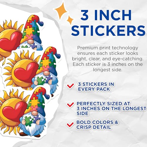 (3 Pack) Autism Awareness Decals - Puzzle Gnome Sun Heart - Support Autism Decals - 3 Inches On Longest Side - Easy Peel & Apply - Made in USA - 3MCS8607