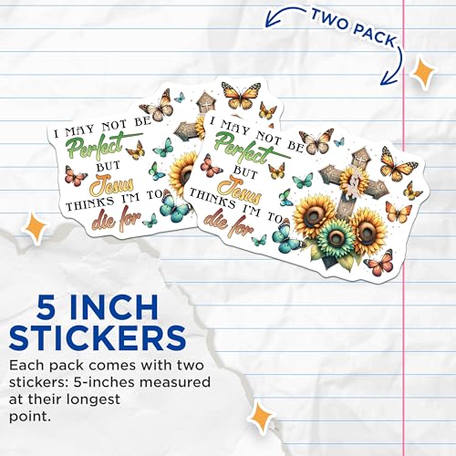 (2 Pack) Inspirational Christian Stickers - Religious Faith Quotes - Sunflower and Butterfly Art - 5" On Longest Side - Sticks to Smooth Flat Surfaces - Made in USA - BMCS9742