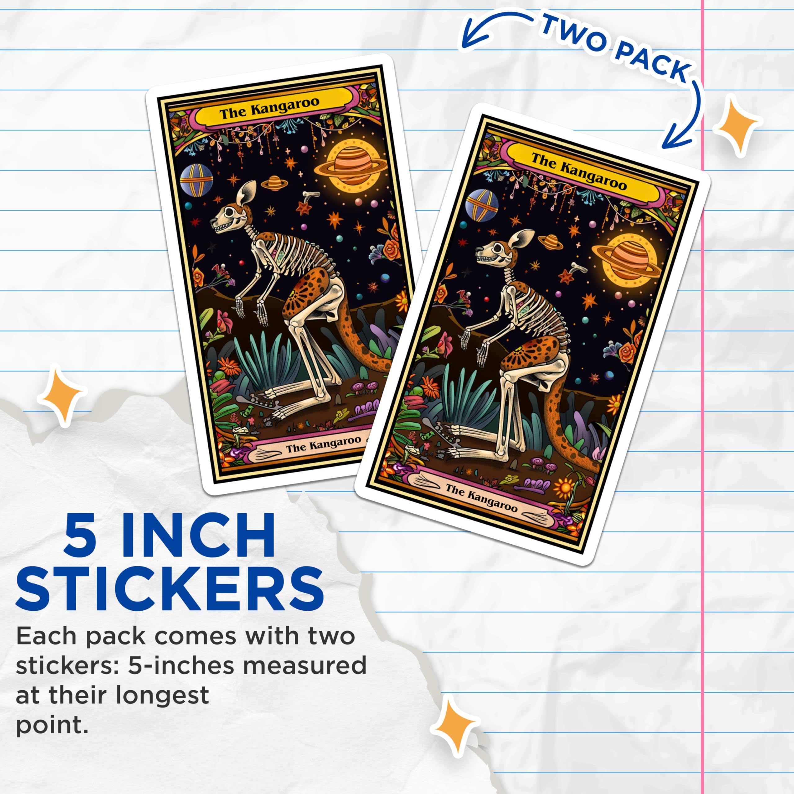 (2 Pack) Kangaroo Skeleton Stickers - Astrology Stickers - Animal Art Stickers - Cosmic-Themed Stickers - 5" On Longest Side - Sticks to Smooth Flat Surfaces - Made in USA - BMCS3643