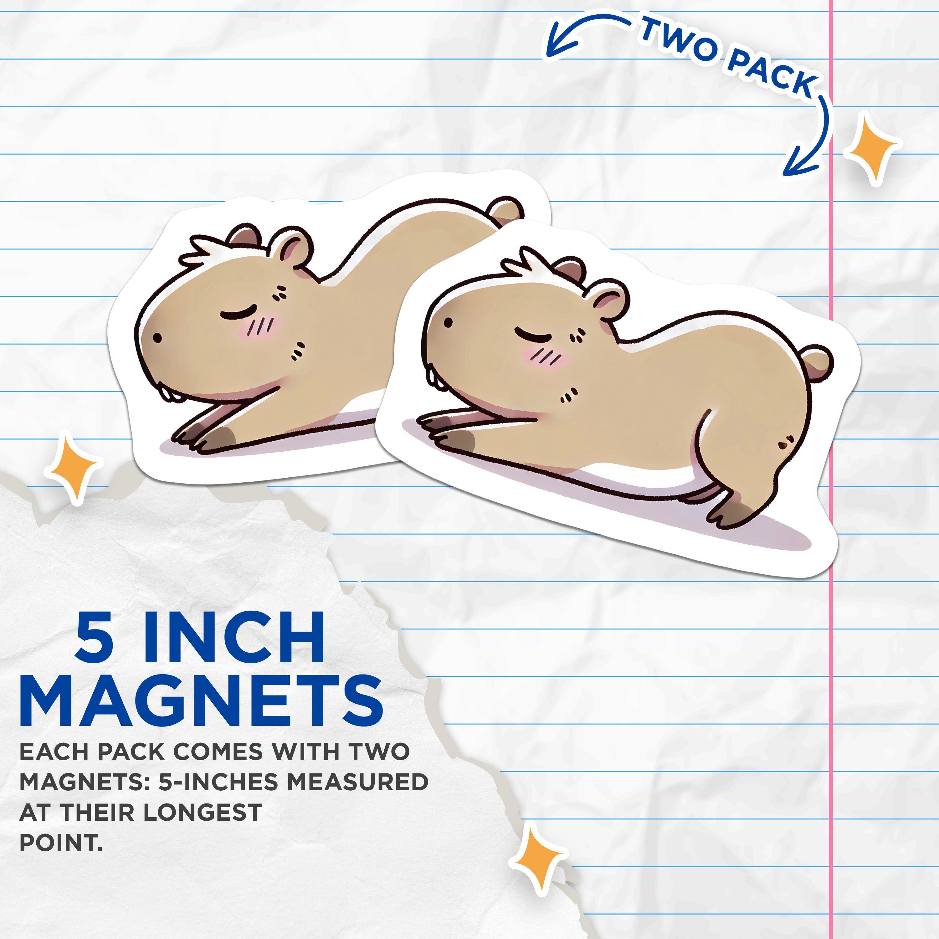 (2 Pack) Cute Capybara Magnets - Kawaii Animal Decor - Cozy Aesthetic Fridge Locker Accessory - 5 Inches On Longest Side - Thick Durable Magnet - Made in USA - MAG36575