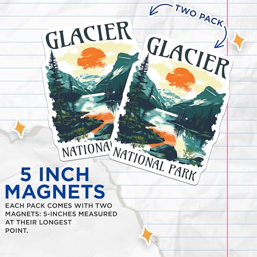 (2 Pack) Glacier National Park Magnets - Scenic Mountain Landscape Magnets - Nature Travel Souvenir Magnets - 5" On Longest Side - for Cars, Refrigerators, Toolboxes, Lockers - Made in USA BMCS3469