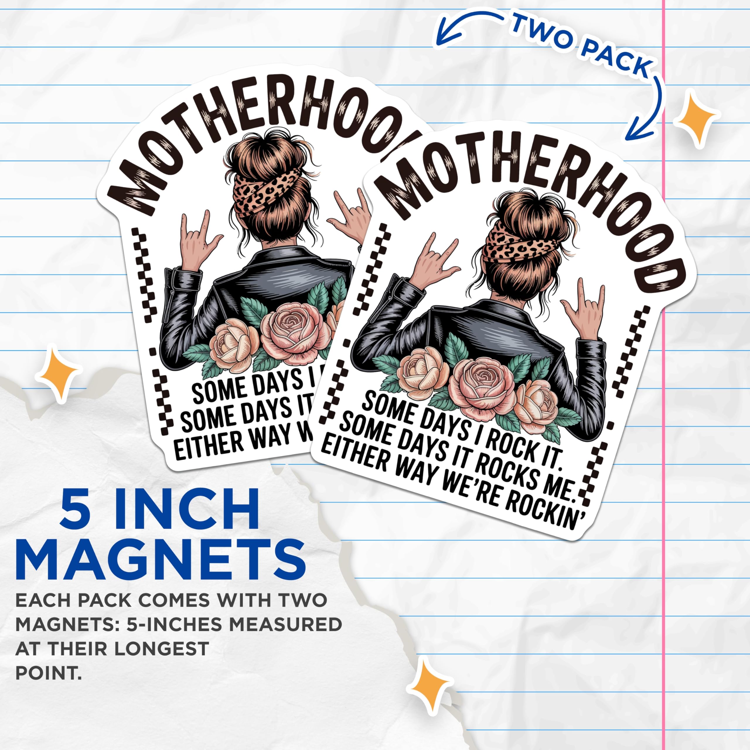 (2 Pack) Motherhood Rocker Mom Magnets - Messy Bun Leopard Bandana - Funny Mom Life Quote - Kitchen Fridge Decor - 5 Inches On Longest Side - Thick Durable Magnet - Made in USA - MAG20422