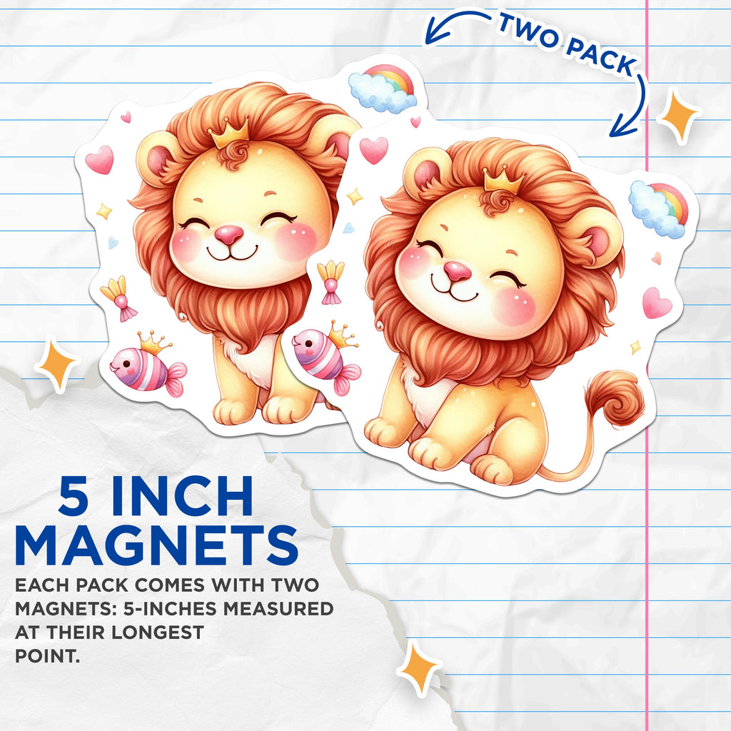 (2 Pack) Cute Lion Cub Magnets - Kawaii Animal Fridge Decor - Nursery Room Locker Art - 5 Inches On Longest Side - Thick Durable Magnet - Made in USA - MAG38469