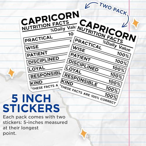 (2 Pack) Capricorn Nutrition Facts Stickers - Funny Zodiac Stickers - Astrology Humor Stickers for Planners - 5" On Longest Side - Sticks to Smooth Flat Surfaces - Made in USA - BMCS4803