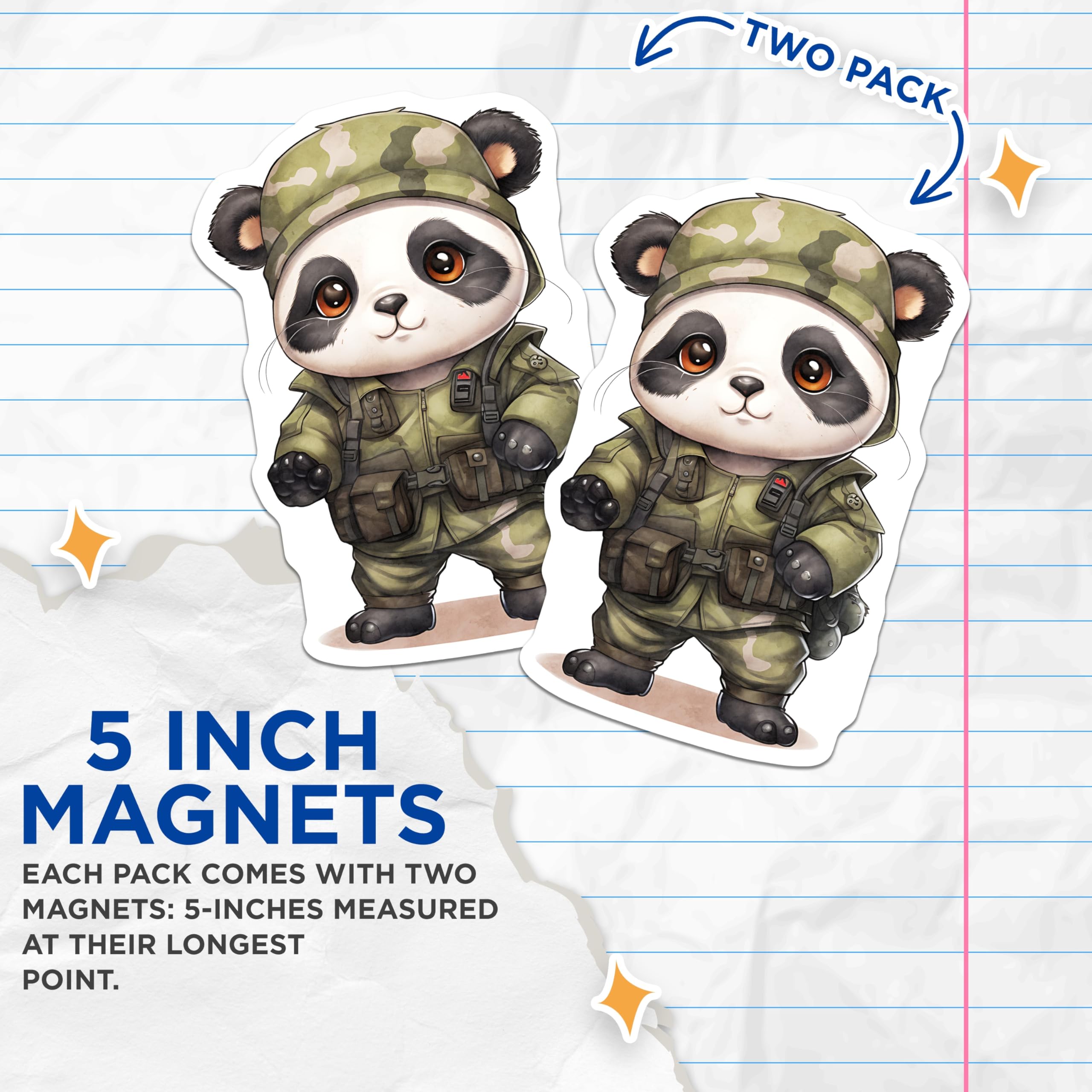 (2 Pack) Panda Soldier Magnets - Cute Animal Art - Military Panda Decor - 5" On Longest Side - Premium Magnet - for Cars, Refrigerators, Toolboxes, Lockers - Made in USA - MAG16605