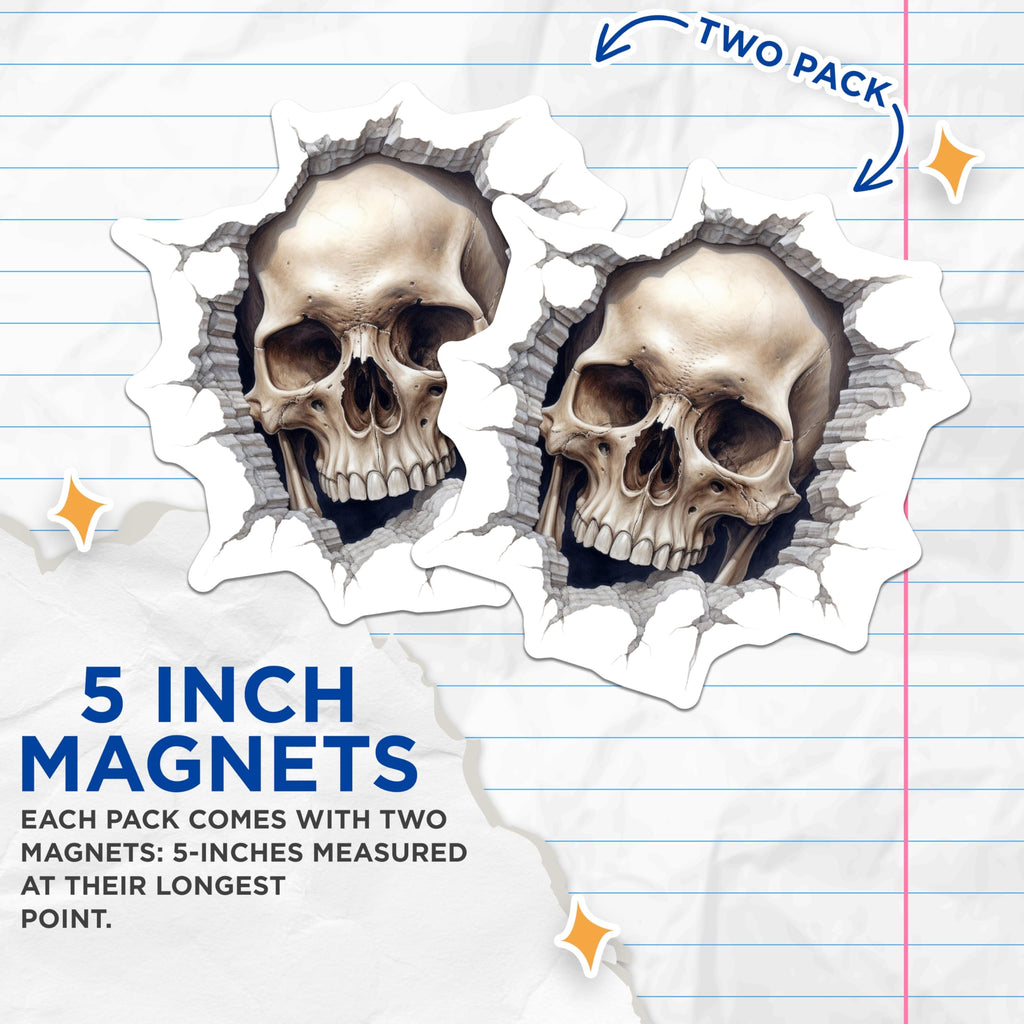 (2 Pack) Realistic Skull Magnets - Cracked Wall Illusion Art - Macabre Gothic Decor - Spooky Refrigerator Locker Display - 5 Inches On Longest Side - Thick Durable Magnet - Made in USA - MAG21438