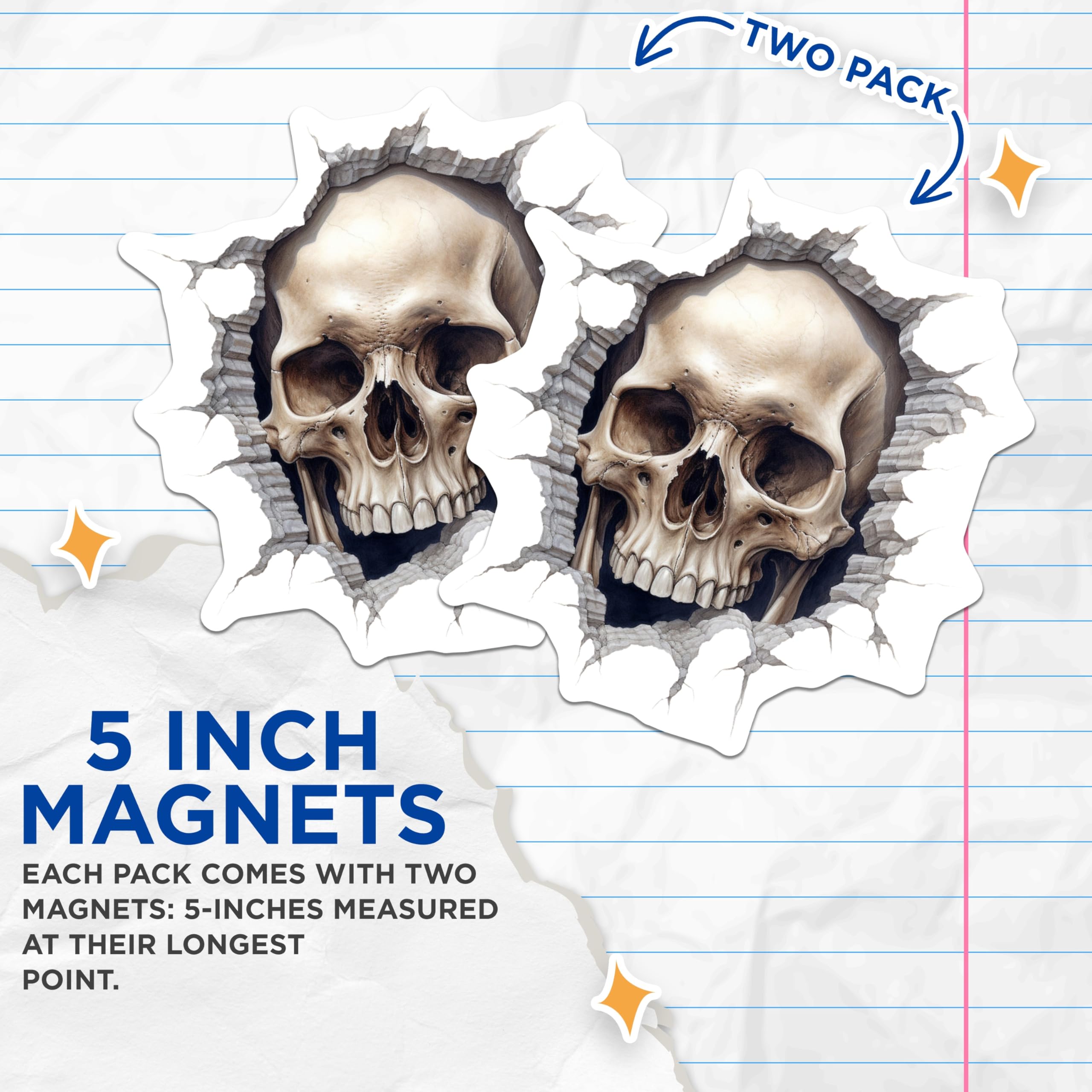 (2 Pack) Realistic Skull Magnets - Cracked Wall Illusion Art - Macabre Gothic Decor - Spooky Refrigerator Locker Display - 5 Inches On Longest Side - Thick Durable Magnet - Made in USA - MAG21438
