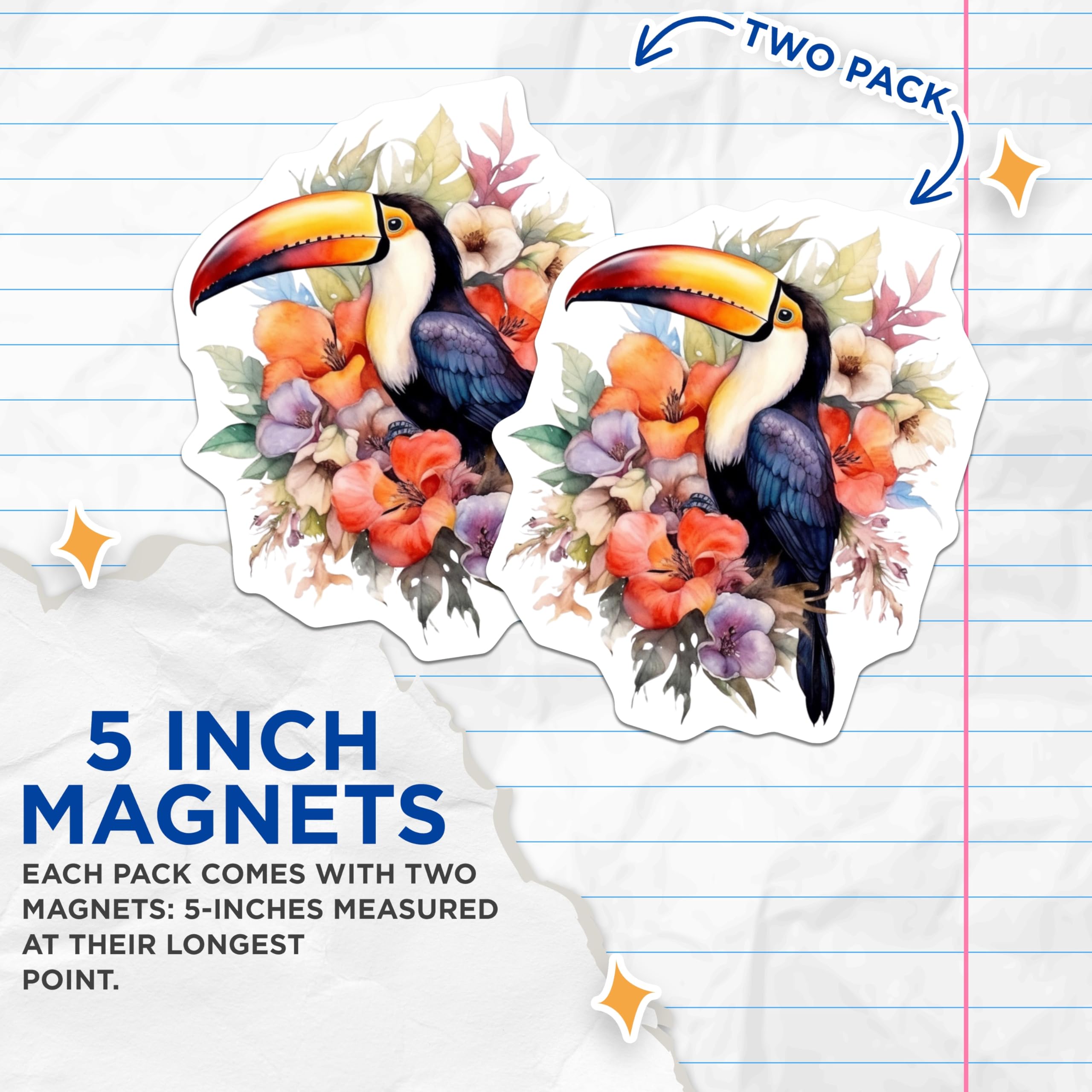 (2 Pack) Toucan Magnets - Exotic Tropical Bird Art - Vibrant Floral Botanical Decor - Rainforest Wildlife Nature Artwork - 5 Inches On Longest Side - Thick Durable Magnet - Made in USA - MAG22916