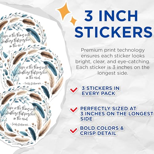 (3 Pack) Dickinson Quote Decals - Hope Feathers Sticker - Emily Dickinson Gift - 3 Inches On Longest Side - Easy Peel & Apply - Made in USA - 3MCS6316