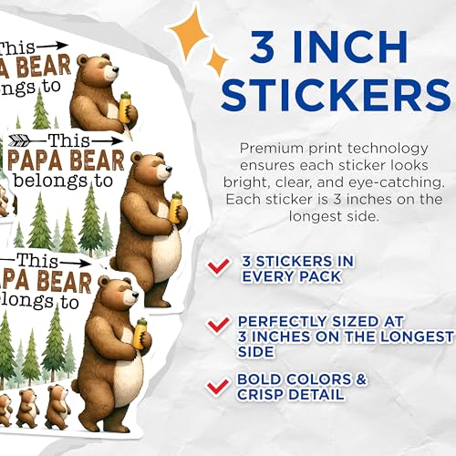 (3 Pack) Papa Bear Decals - Father Bear - Family Decals - 3 Inches On Longest Side - Easy Peel & Apply - Made in USA - 3MCS2021