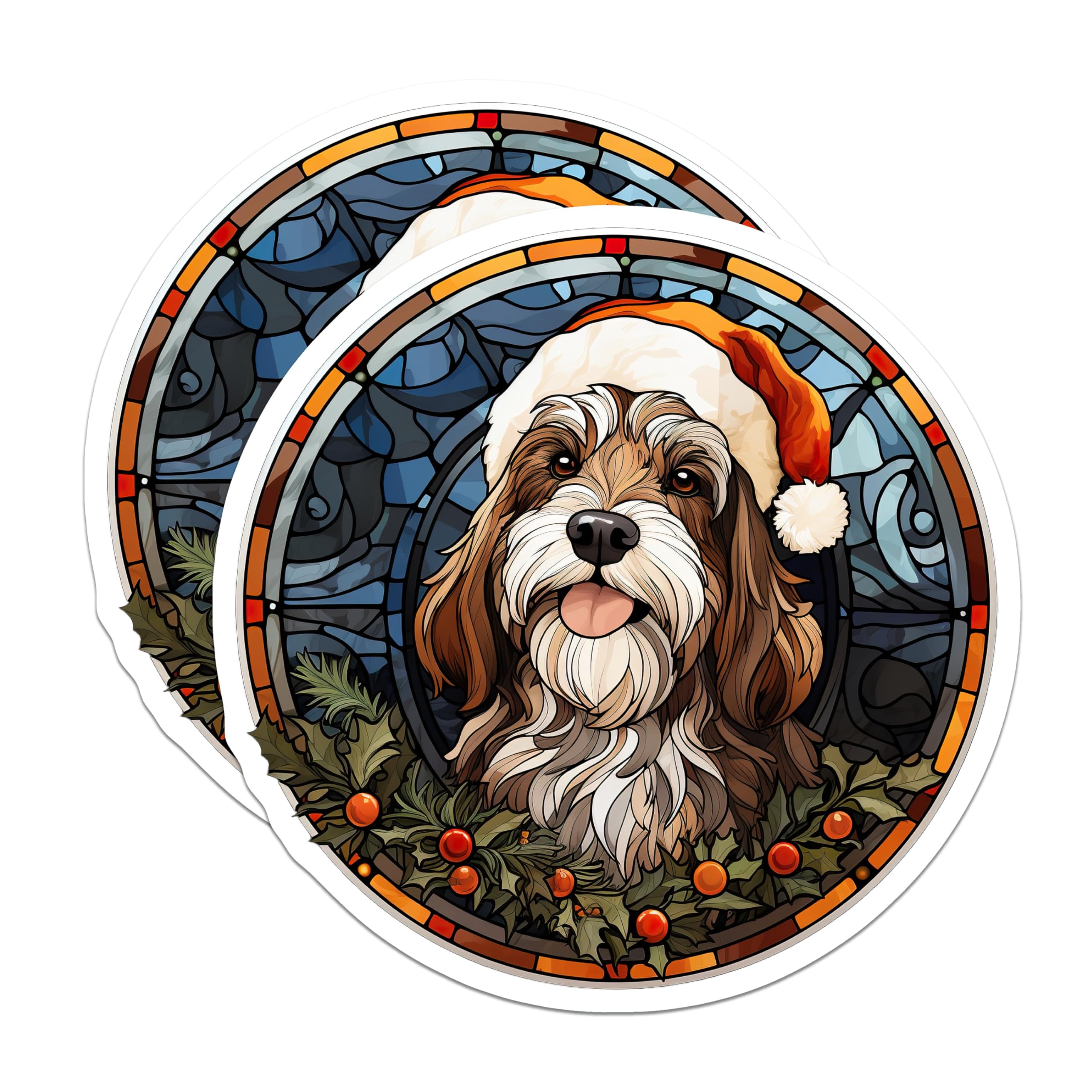 (2 Pack) Christmas Dog Magnets - Stained Glass Pet Decor - Santa Hat Puppy Fridge Decoration - 5 Inches On Longest Side - Thick Durable Magnet - Made in USA - MAG25749