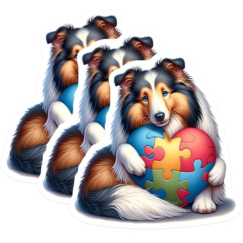 (3 Pack) Autism Awareness Decals - Sheltie Dog Puzzle Heart - Laptop Decals - 3 Inches On Longest Side - Easy Peel & Apply - Made in USA - 3MCS8234