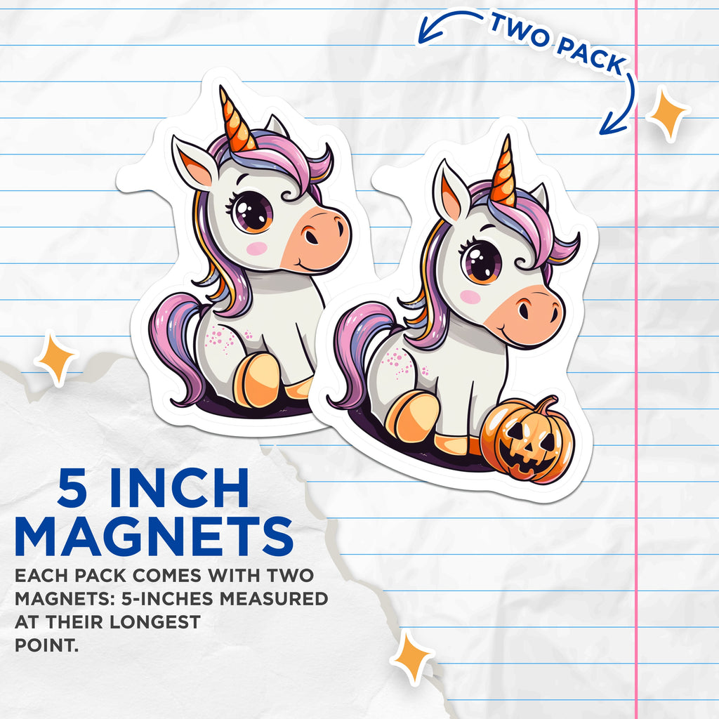 (2 Pack) Cute Halloween Unicorn Magnets - Pumpkin Jack O Lantern Decor - Kawaii Fantasy Fridge Magnets for Kids - 5 Inches On Longest Side - Thick Durable Magnet - Made in USA - MAG36289